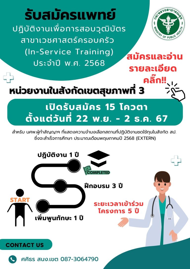 รับสมัครแพทย์เข้าร่วมโครงการปฏิบัติงานเพื่อการสอบวุฒิบัตรฯ สาขาเวชศาสตร์ครอบครัว ประจำปี พ.ศ. 2568