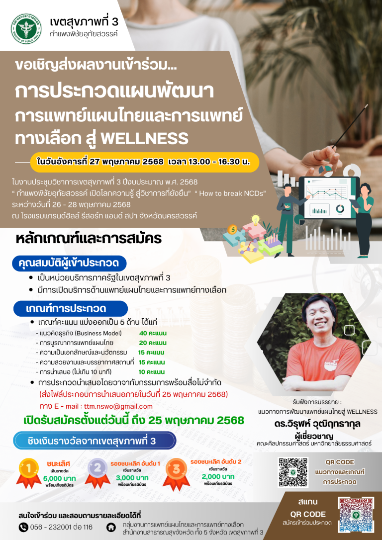 ขอเชิญส่งผลงานเข้าร่วมการประกวดแผนพัฒนาการแพทย์แผนไทยและการแพทย์ทางเลือก สู่ WELLNESS